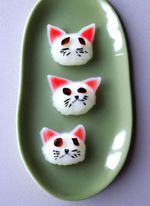 clear surrealist painting of adorable cats made from sushi rice, sitting on sushi plates with garnish 