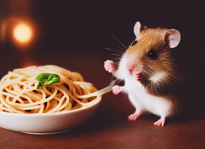 photo of a hamster eating spaghetti, at night, candlelit restaurant table, various poses, unedited, soft light, centered, sharp focus, 8 k 