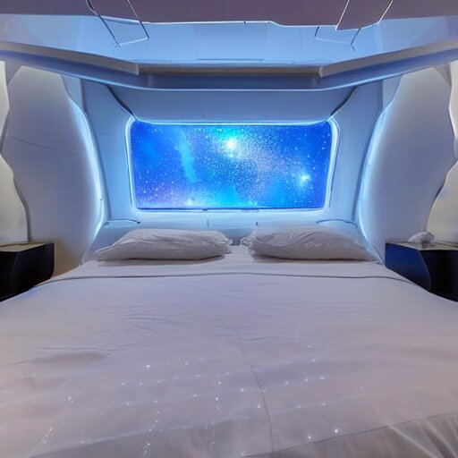  a king size bed with a white bed set in a futuristic space ship with windows looking into outer space, beautiful lighting photograph 