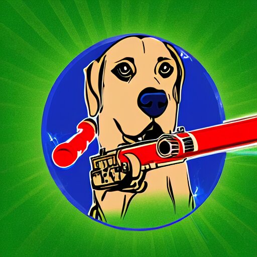 logo of a dog holding a laser gun