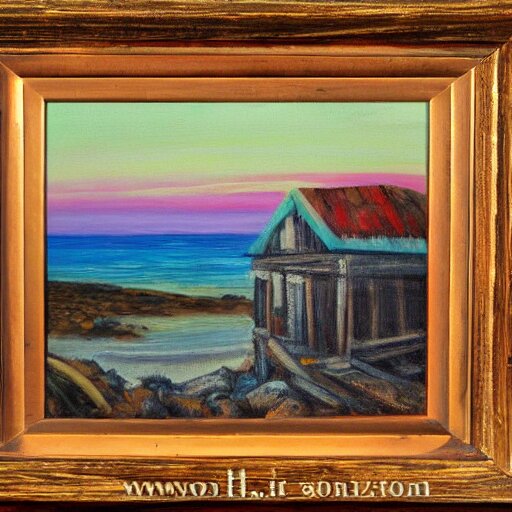 sunset over a wooden cabin on the coast in the distance, sea, oil painting, very detailed, colorful