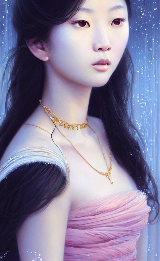 a beautiful young charming asian goddess with sundress + jewelry + shinny eyes | | winter, symmetric, realistic shaded, unpleasant face, good looking, fine details, dior, lv, realistic shaded lighting poster by greg rutkowski, macoto takahashi, magali villeneuve, artgerm, jeremy lipkin and michael garmash 