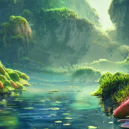 beautiful watercolor of a lush natural scene on a colourful alien planet by vincent bons. ultra sharp high quality digital render. detailed. beautiful landscape. weird vegetation. water. soft colour scheme. grainy. 