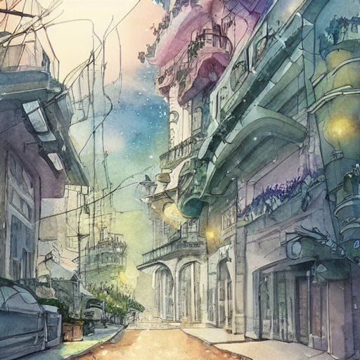 Beautiful happy picturesque charming sci-fi city in harmony with nature. Beautiful light. Nice colour scheme, soft warm colour. Beautiful detailed watercolor by Lurid. (2022)