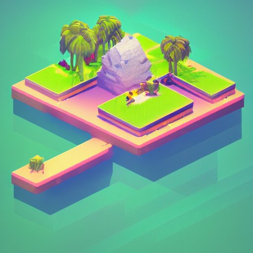 isometric floating island on neon background, isometric invironment, 3d art, isometric art, high detail, artstation, concept art, behance, ray tracing, smooth, sharp focus, ethereal lighting