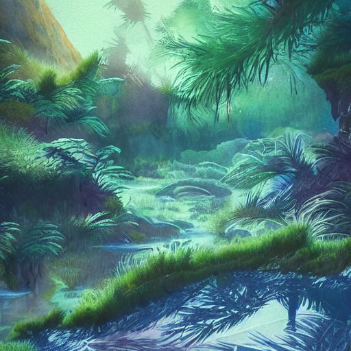 beautiful watercolor of a lush natural scene on a colourful alien planet by vincent bons. ultra sharp high quality digital render. detailed. beautiful landscape. weird vegetation. water. soft colour scheme. grainy. 