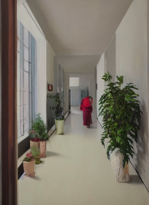 an empty hallway, full of house plants and people, oil on canvas 