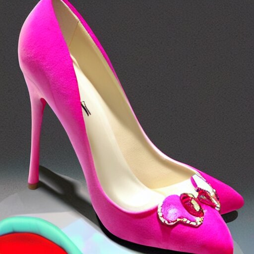 pink suede pumps shoes with slim heels and pointed toes with a happy mickey mouse printed on it, photorealistic, transluscent, glass, beautiful, architecture, product design, clean, highly detailed, 8 k, ornate detail 