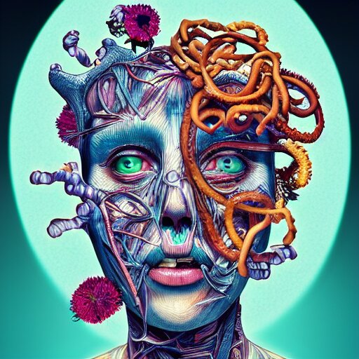 the anatomical face of a ridiculously beautiful and pretty woman partially made of onion rings of all colors looking up, an ultrafine detailed illustration by james jean, final fantasy, intricate linework, bright colors, behance contest winner, vanitas, angular, altermodern, unreal engine 5 highly rendered, global illumination, radiant light, detailed and intricate environment 