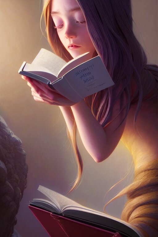 highly detailed portrait of beautiful girl reading a book, hair flowing down, in pixar inside out, dynamic pose, stephen bliss, unreal engine, fantasy art by greg rutkowski, loish, rhads, ferdinand knab, makoto shinkai and lois van baarle, ilya kuvshinov, rossdraws, tom bagshaw, global illumination, radiant light, detailed and intricate environment 