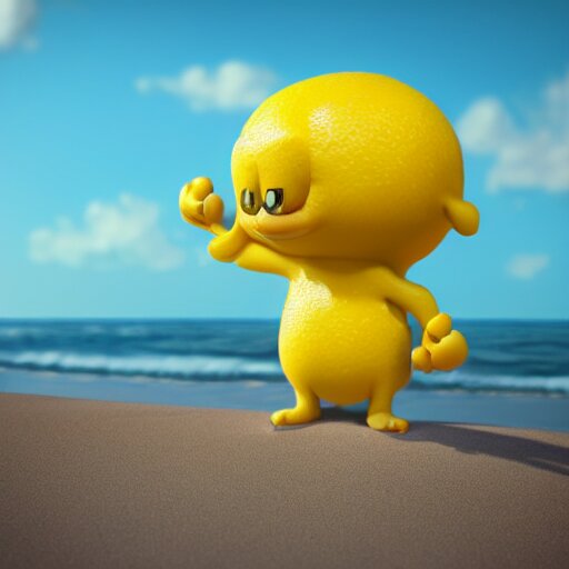 a supercute lemon cartoon character, that is fit and good looking, it's is relaxing on a beach, inspired by dalle - 2, octane render, 3 d, volumetric lightening, 