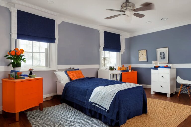 a 10 by 11 foot old bed room with blue grey criss cross patterned walls, white ceiling, navy blue carpet, a small bed, desk, two wooden wardrobes, an old TV, and a ceiling fan gives off a dim orange light at night time