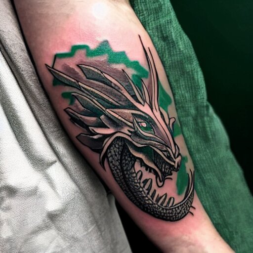 Tattoo of a dragon starting from the elbow, wrapping around the wrist in a downward spiral, emerald placed inside of the dragons mouth, forearm tattoo