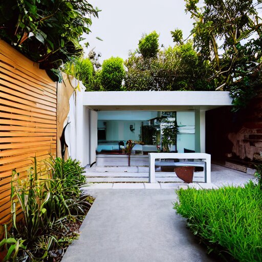 small elongated backyard with hut office, white walls, brown tile ground, plants on the sides, modern, high definition, detailed, concrete and glass, architecture, fountain, children playground, photograph, magazine cover, luxury 