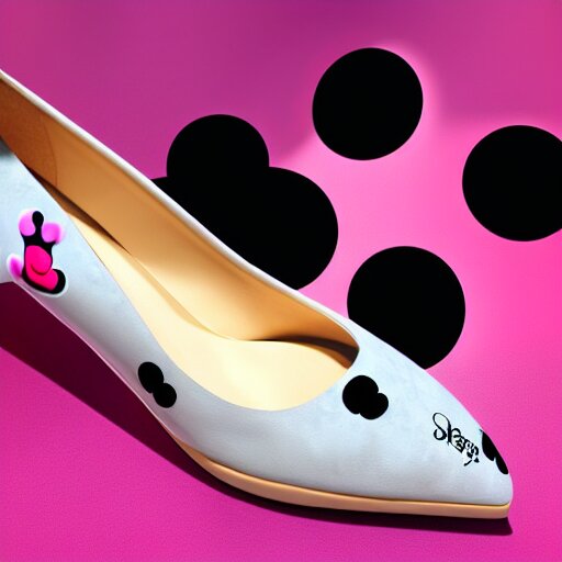 pink suede pumps shoes with slim heels and pointed toes with a happy mickey mouse depicted on it, photorealistic, transluscent, glass, beautiful, architecture, product design, clean, highly detailed, 8 k, ornate detail 