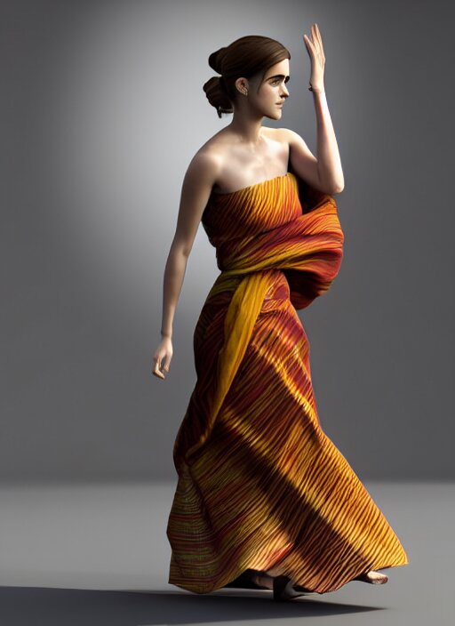 emma watson wearing assamese silk bihu mekhela strapless costume expertly draped maxi style dress by madeleine vionnet, assamese gamosa pattern, face by daz 3 d genesis and artgerm concept art 3 d octane render cinema 4 d v ray, unreal engine, hyper realistic hdr fabric textures, ray traced, bright lit cinematic studio fashion photography, real life like, daz iray shaders 