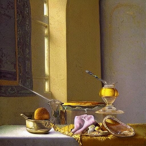 still life painting of a miniature tabletop castle under a glass dome, by paulette tavormina and vermeer, intense pastel colors, hyper realistic, detailed, beautiful bright lighting 