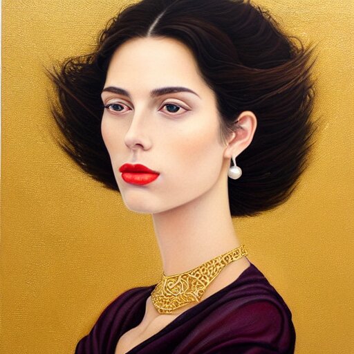 Facial portrait of a gorgeous girl, looking away from the camera, seductive smile, heavy gold jewellery, gold and pearl necklaces, elegant revealing intricate dress, sparkle in eyes, lips slightly parted, long flowing hair, no hands visible, delicate, teasing, arrogant, defiant, bored, mysterious, intricate, extremely detailed painting by Mark Brooks (and by Greg Rutkowski), visible brushstrokes, thick paint visible, no light reflecting off paint, vibrant colors, studio lighting