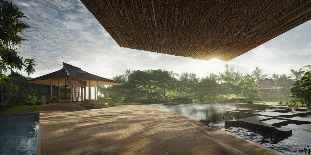 3d rendering  of beautiful nature meets architecture concept of a residential house. balinese architecture by Kengo Kuma, volumetric lighting, luxury, high detail, 14mm, cinematic photography, cg architects,  high resolution