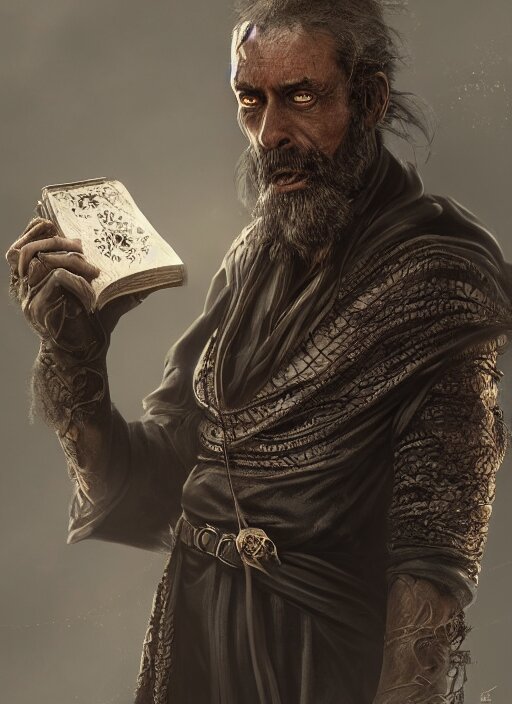 black magic sorcerer with a book of spells, dramatic, death, cinematic, ultra realistic, 8 k, highly detailed, trending on artstation 