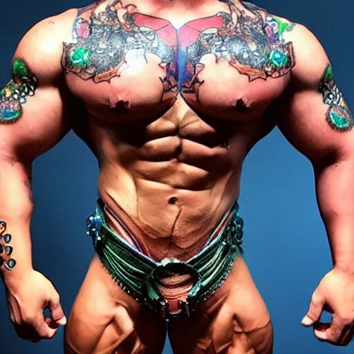 bodybuilder with a full body tattoo of a 3 d hole in the skin with a shiny multicolored metallic gears and tubes robotic mechanics inside under the skin, insanely integrate, 