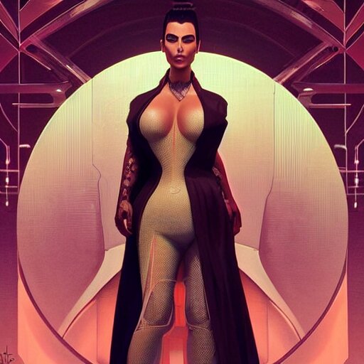 full body long shot of kim kardashian in a futuristic kimono, unreleased character concept art from cyberpunk 2 0 7 7, intricate, elegant, highly detailed, digital painting, artstation, concept art, smooth, sharp focus, illustration, art by artgerm and greg rutkowski and alphonse mucha 