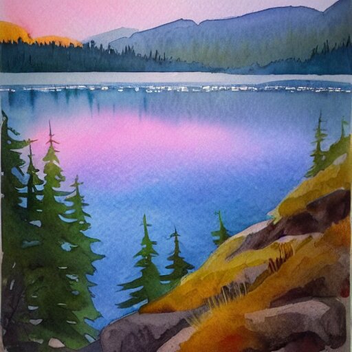 alpine lake. bautiful sunrise. watercolor. trending on artstation 