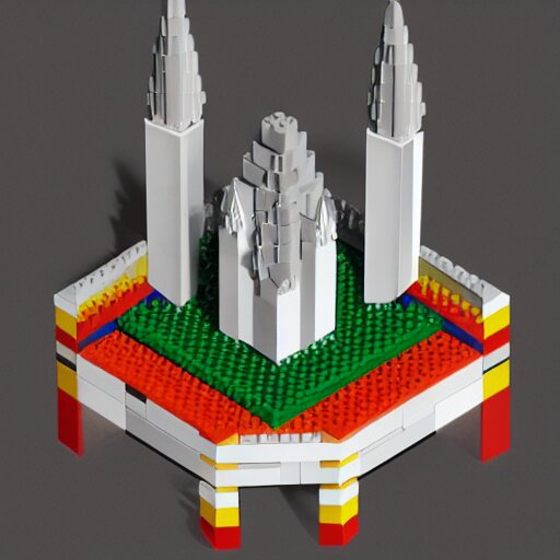 isometric view of a lego church, lego bricks, model church, geometric isometric view 