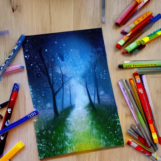 bright nordic forest, sparkling spirits, detailed wide shot, crayon, ground detailed, wet eyes reflecting into eyes reflecting into infinity, beautiful lighting