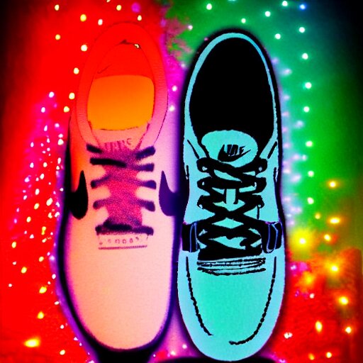 bob ross paining a romantic picture of a nike shoe with neon LEDs