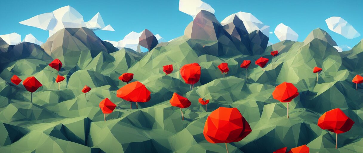 3 d render, mountain landscape, digital art, low poly art, minimalist, poppy, journey game, lowpoly landscape, particles floating, unreal engine, dreamy, brush strokes, bounce light, sunny, complementary palette, redsinski 