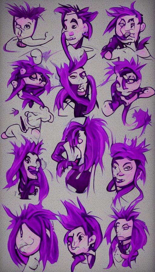 a sprite sheet of a graffiti wirter holding a spray can and purple hair, 3D character, sweat drops, insane, intricate, highly detailed, oil painting, smooth, sharp focus, Unreal Engine 5, 8K