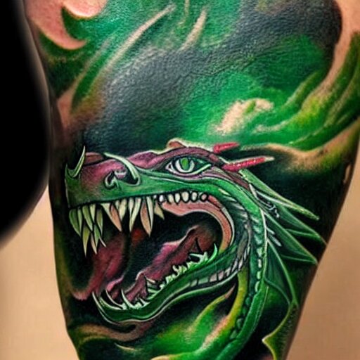 forearm tattoo of a dragon with a green emerald in its mouth, dark and vibrant forearm tattoo