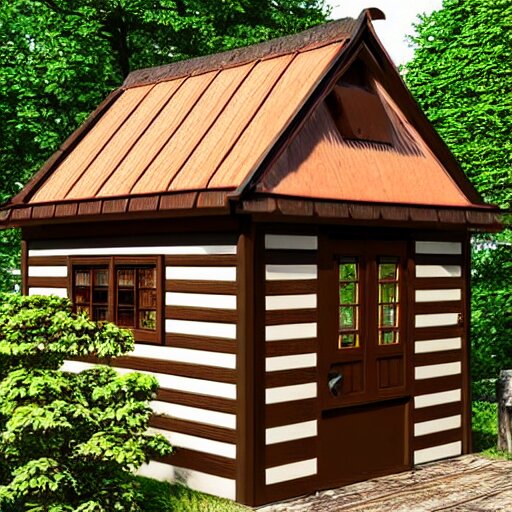 small wooden german garden house, brown, plastic roofed veranda with brown wood side fence, rembrandt style painting, extremely wide angle 