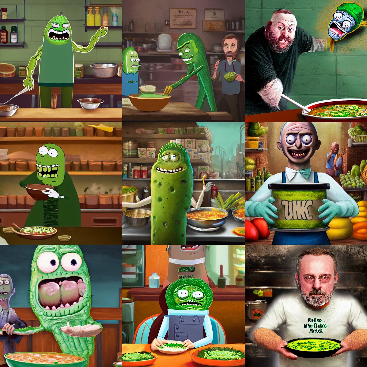 pickle rick serving in a soup kitchen, detailed portrait, matte painting, serving soup 