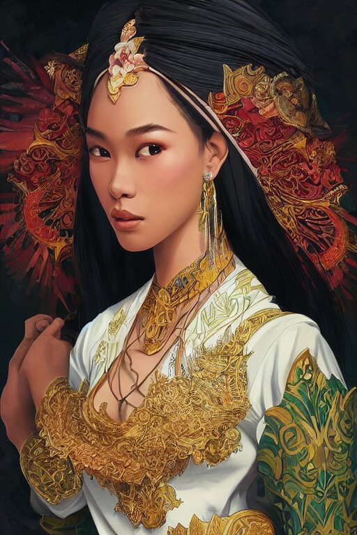 portrait of a beautiful indonesian supermodels wearing traditional costume, highly detailed, digital painting, artstation, concept art, sharp focus, illustration, art by kittichai rueangchaichan and james gurney and alphonse mucha 