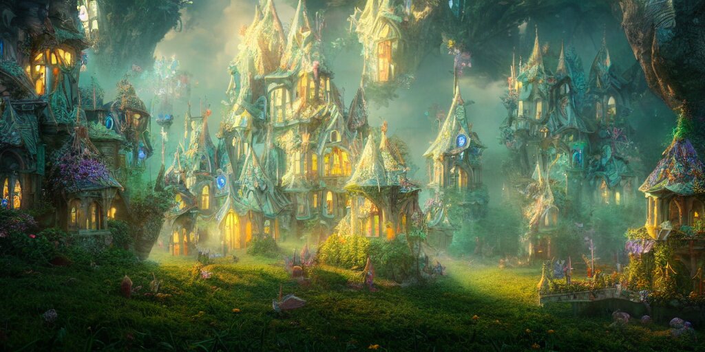 in an ethereal magical fairy city, highly detailed, 8 k, hdr, award - winning, octane render, artstation, volumetric lighting 