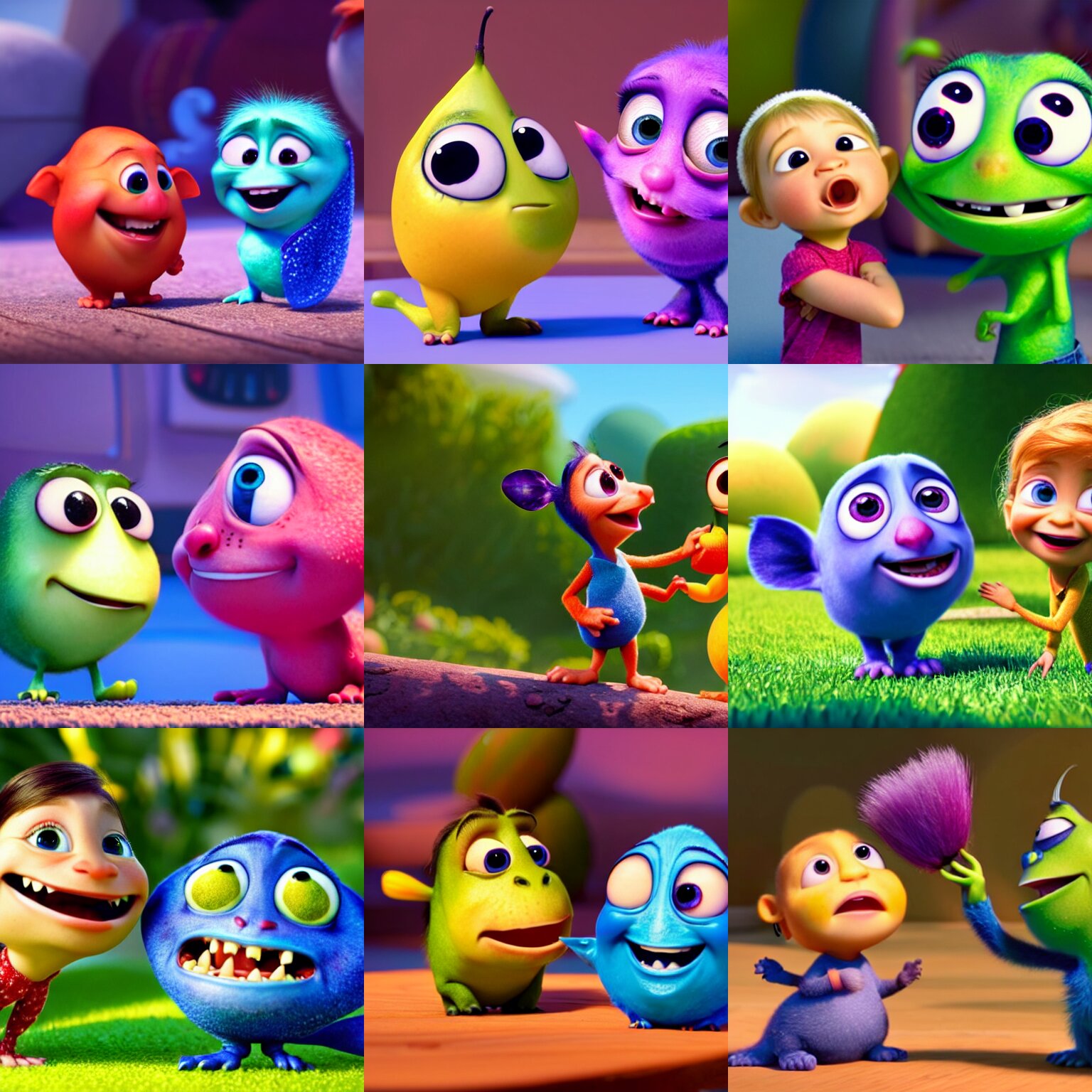 a couple of cutest little fruitties being friends, pixar, cgi, 4 k, vivid, symetric, hyperdetailed 