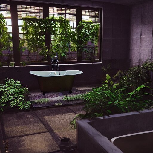 a bathroom with a lot of plants inside of it, cyberpunk art by Gregory Crewdson, unsplash, ecological art, reimagined by industrial light and magic, rendered in unreal engine, diorama