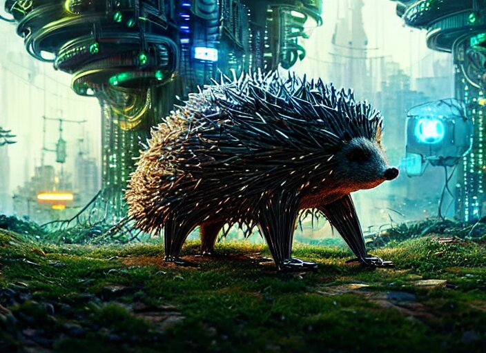  giant intricate mechanical hedgehog with cybernetic enhancements and visible gears and fiber optics, on the background of a weird magical mechanical forest. Very detailed 8k. Fantasy cyberpunk horror. Sharp. Cinematic post-processing. Unreal engine. Nanite. Ray tracing. Parallax. Tessellation