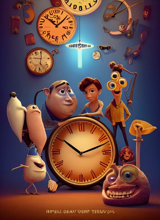 a poster of a pixar's movie about clocks, high definition, trending on artstation 