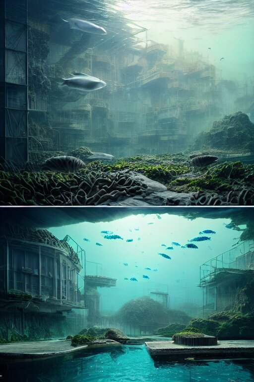 hyperrealistic precisionist cinematic underwater neo - dystopian city ruins with giant luminescent aquatic plants, digital art masterpiece, aykut aydogdu eric zener, dramatic volumetric light, long shot, low angle uhd 8 k, sharp focus 