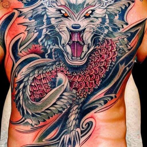 photograph of a Japanese back tattoo, colourful ink, traditional Japanese pattern depicting a werewolf, highly-detailed, beautiful, award winning, 8k