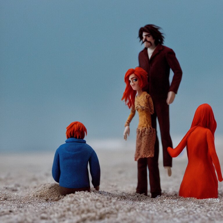 a cinematic film still of a claymation stop motion film eternal sunshine of the spotless mind joel and clementine on the beach, shallow depth of field, 8 0 mm, f 1. 8 