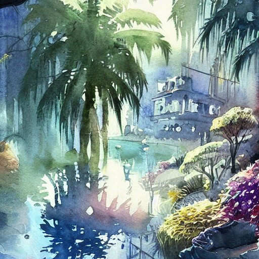 Beautiful happy picturesque charming sci-fi town in harmony with nature. Beautiful light. Water and plants. Nice colour scheme, soft warm colour. Beautiful detailed artistic watercolor by Vincent. (2022)