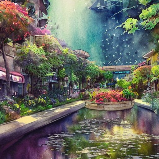 Beautiful happy picturesque charming sci-fi town in harmony with nature. Beautiful light. Water and plants. Nice colour scheme, soft warm colour. Beautiful detailed artsy watercolor by Vincent. (2022)