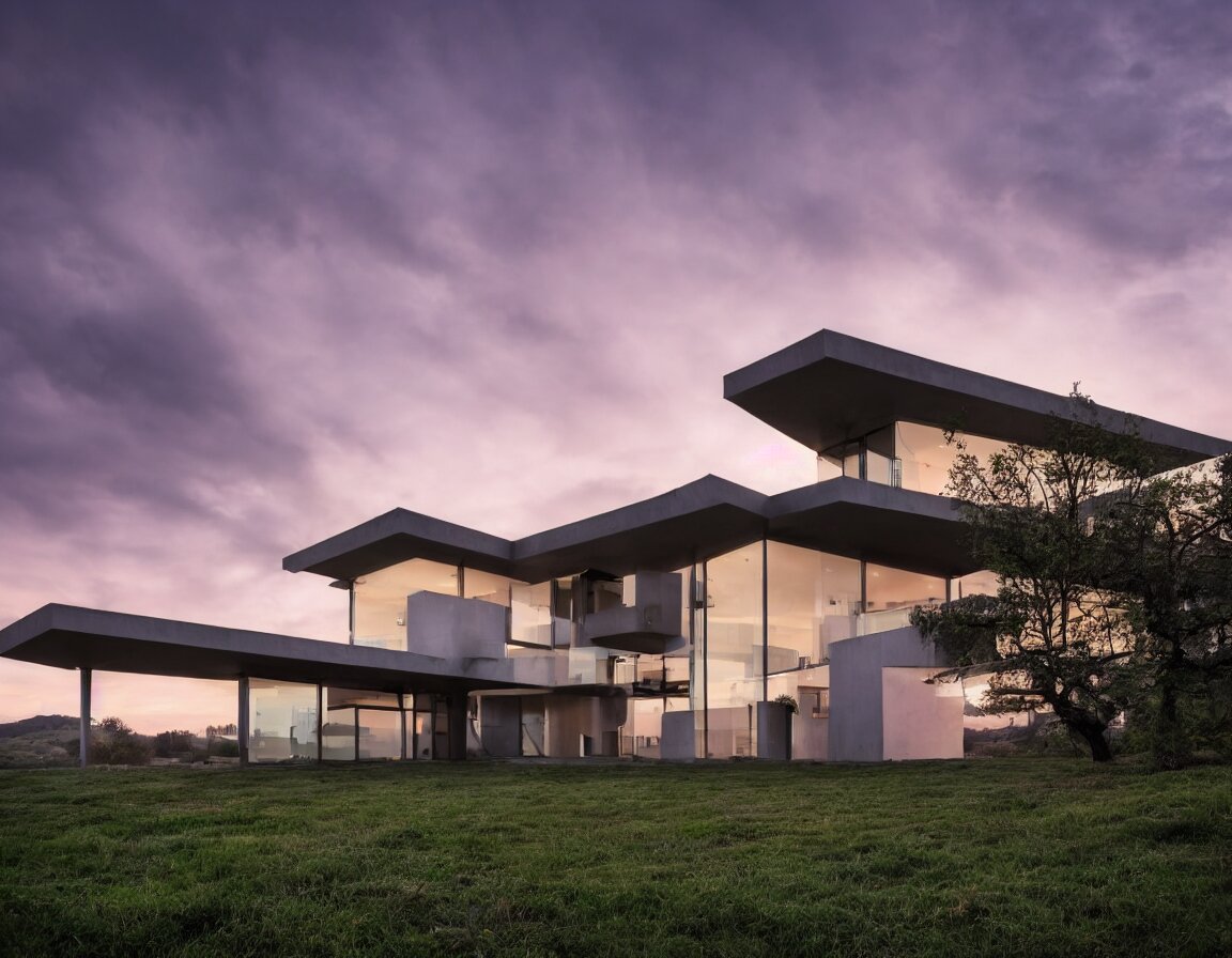 house on a hill, modern architecture, house concept, sunset, morning, stary sky, rtx lighting, cloudy sky 