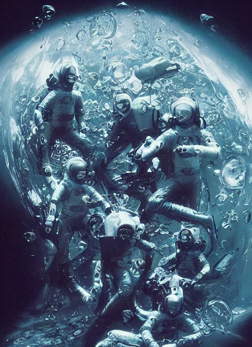 astronauts divers in dark void underwater - complex and hyperdetailed technical suit design. reflection and dispersion materials. rays and dispersion of light. volumetric light. f / 3 2. noise film photo. flash photography. ultra realistic, 5 0 mm. poster by wayne barlowe, hajime sorayama aaron horkey, craig mullins 