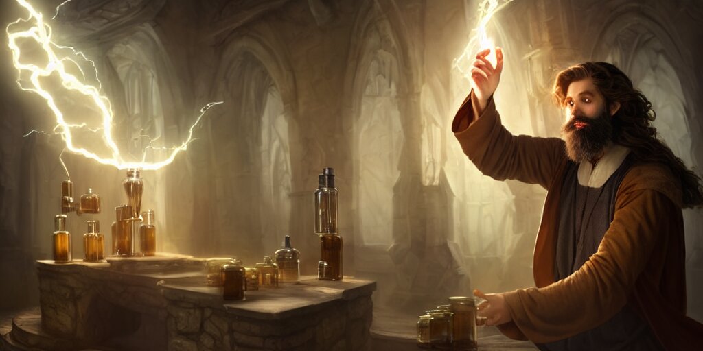 a handsome bearded caucasian male sorcerer with brown hair he is casting a spell with flowing energy, he is in a alchemist lab filled with beakers and equipment, neutral pose, epic composition, 4 k, light rays, super coherent, by dave melvin 1. 0 | dan luvisi 2. 0 | greg rutkowski 0. 5 