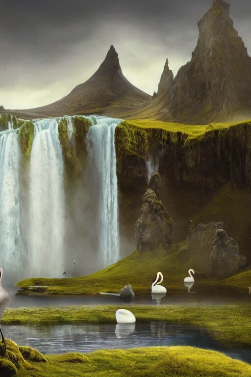 beautiful bjork with swans in iceland by hubert robert and lee madgwick and roger dean and jacek yerka, dan mumford and alex grey style, soft lighting, 4 k hd wallpaper illustration concept joy atmospheric lighting 